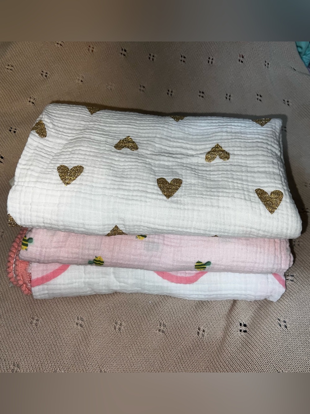 cloud island White Muslin Swaddle with Gold Heart Accents